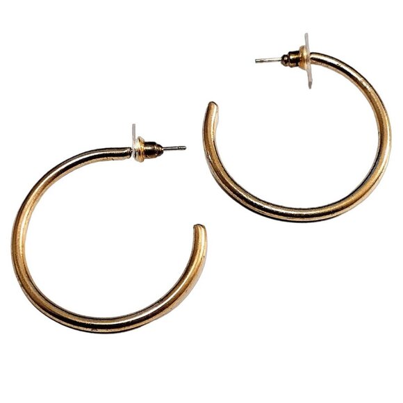 1 1/2 Inch 40mm Open End Hoop Pierced Post Earrings Gold Tone - Picture 2 of 5